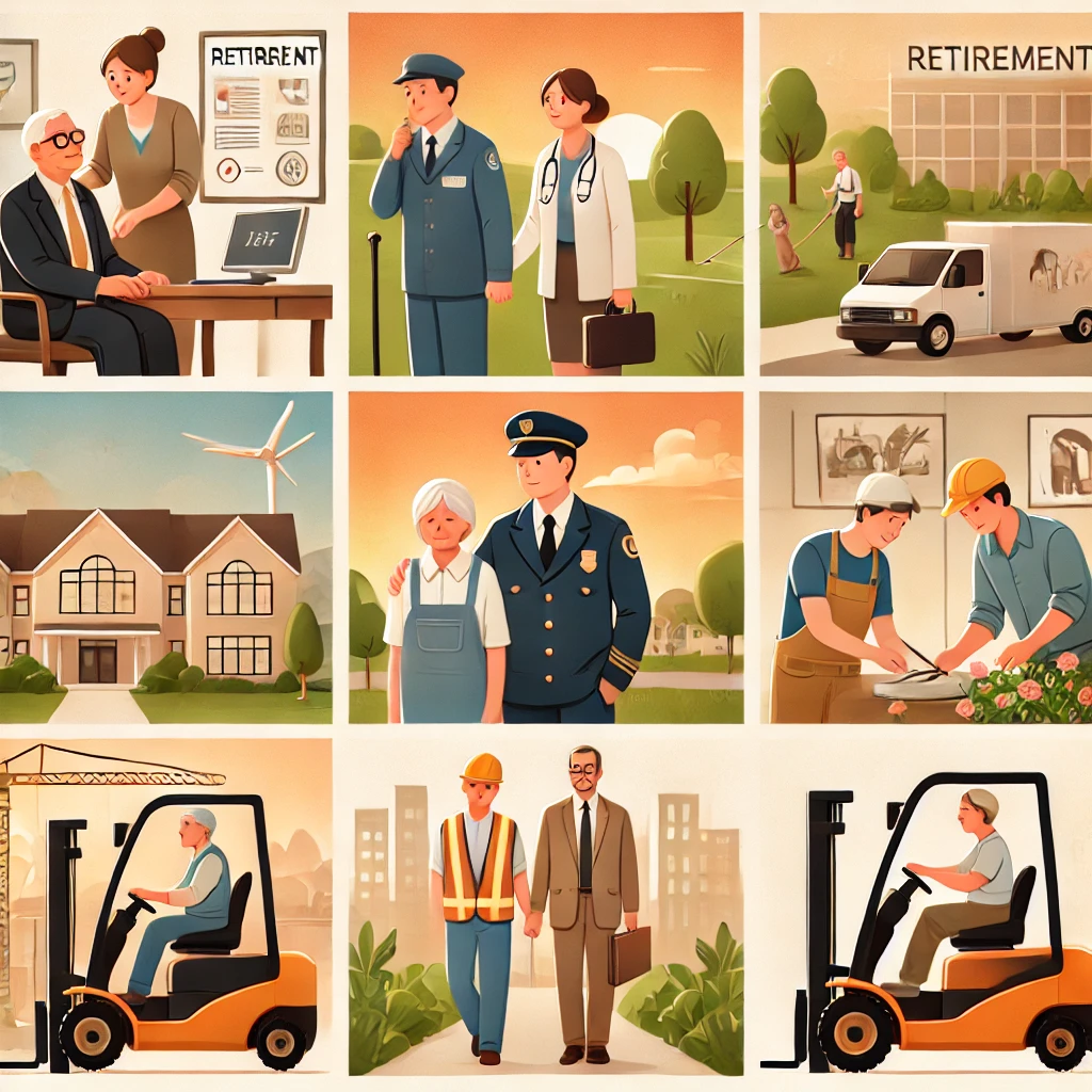 DALL·E 2024 10 03 23.40.13 A serene image showcasing various professions suitable for retirement preparation including a social worker assisting elderly people a security guar