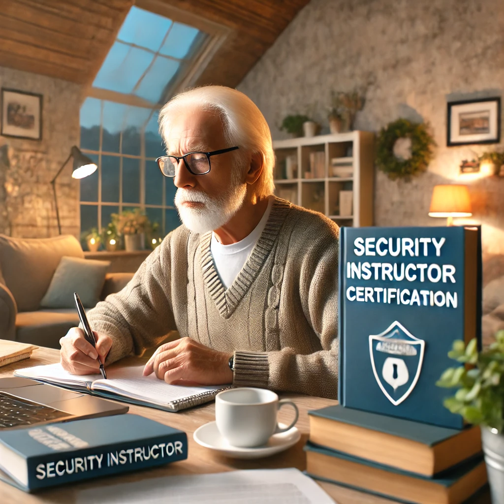 DALL·E 2024 10 04 13.57.05 An image showing an elderly person studying for a security instructor certification exam. The person is sitting at a desk surrounded by books a lapt